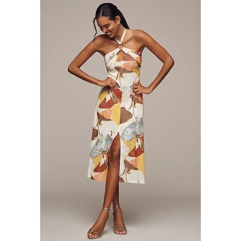 Anthropologie Sarah Hann Floral Halter Mesh Midi Dress XS Boho Beachy Festival